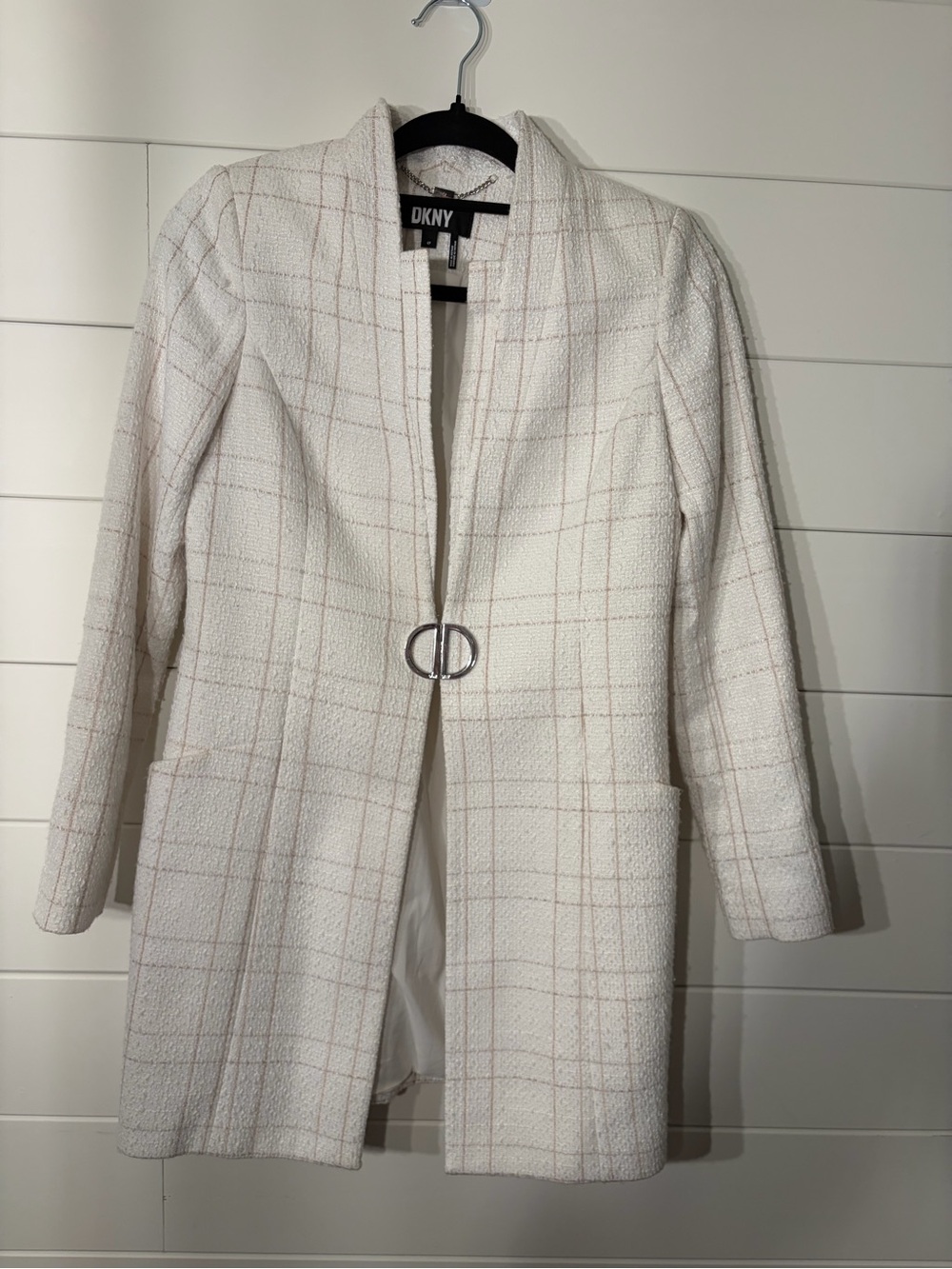 DKNY Cream Plaid Collarless Trench Coat